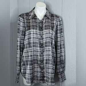Elegant Women's Black and White Plaid Button-Down Shirt